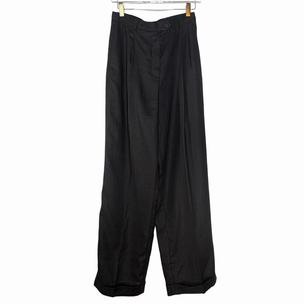 Lauren Ralph Lauren Black Linen Pants Pleated Wide Leg Cuffed 28" Inseam Classic